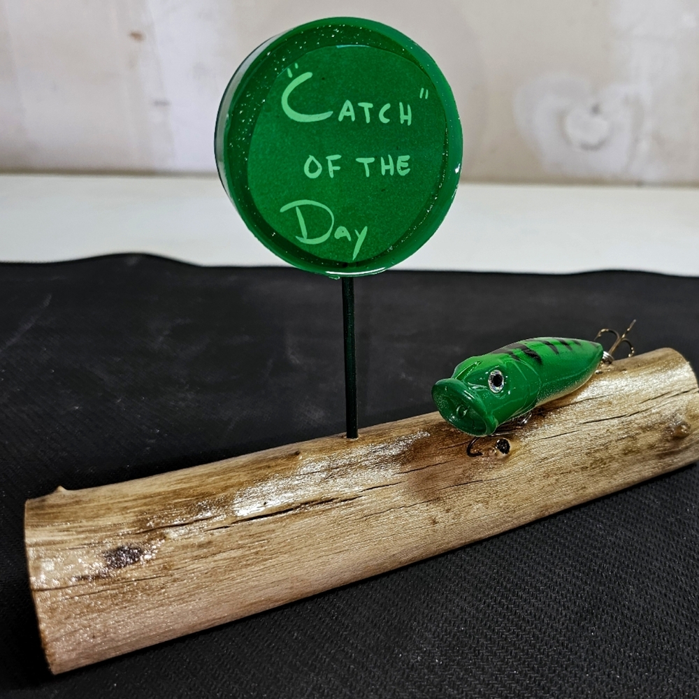 Fishing Lure Gift "Catch of the Day" log display handmade functional art #3